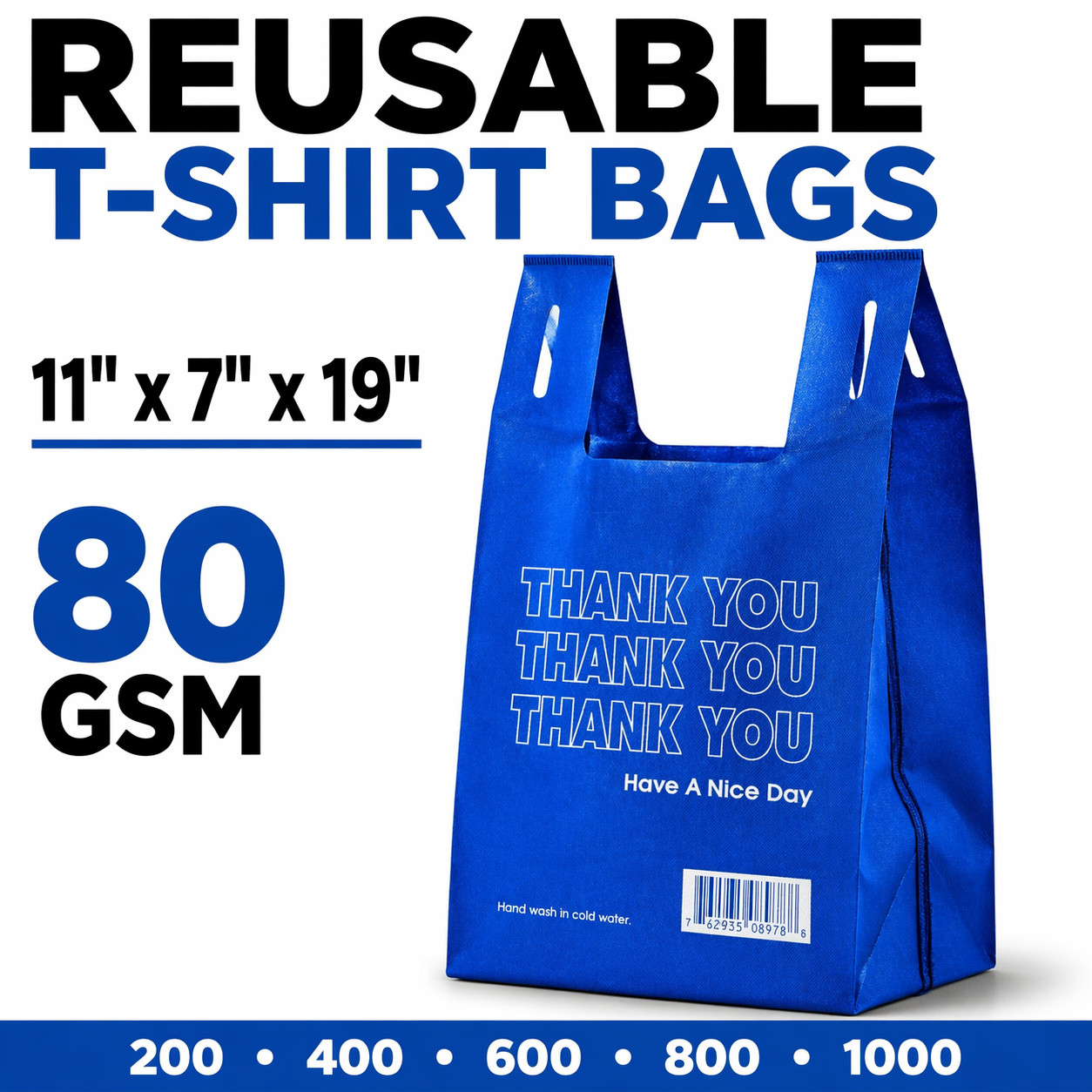Non Woven Reusable Thank You T Shirt Bags Blue Green 11x7x19 80 GSM 200-1000
