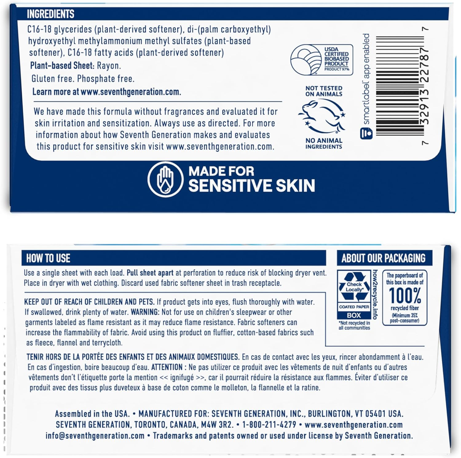 Seventh Generation Dryer Sheets Free & Clear Sensitive Skin Softener 80ct