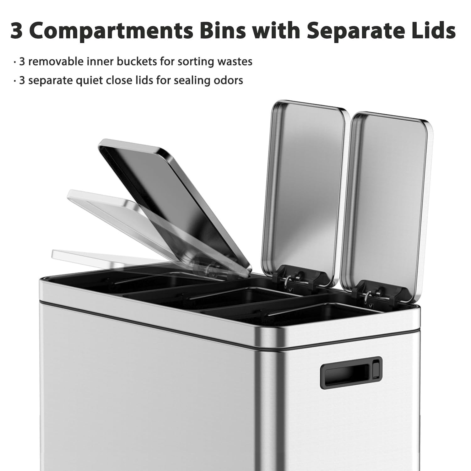 3 Compartments Trash Can 3 x5.3 Gal Stainless Steel Trash Can with Recycling Bin