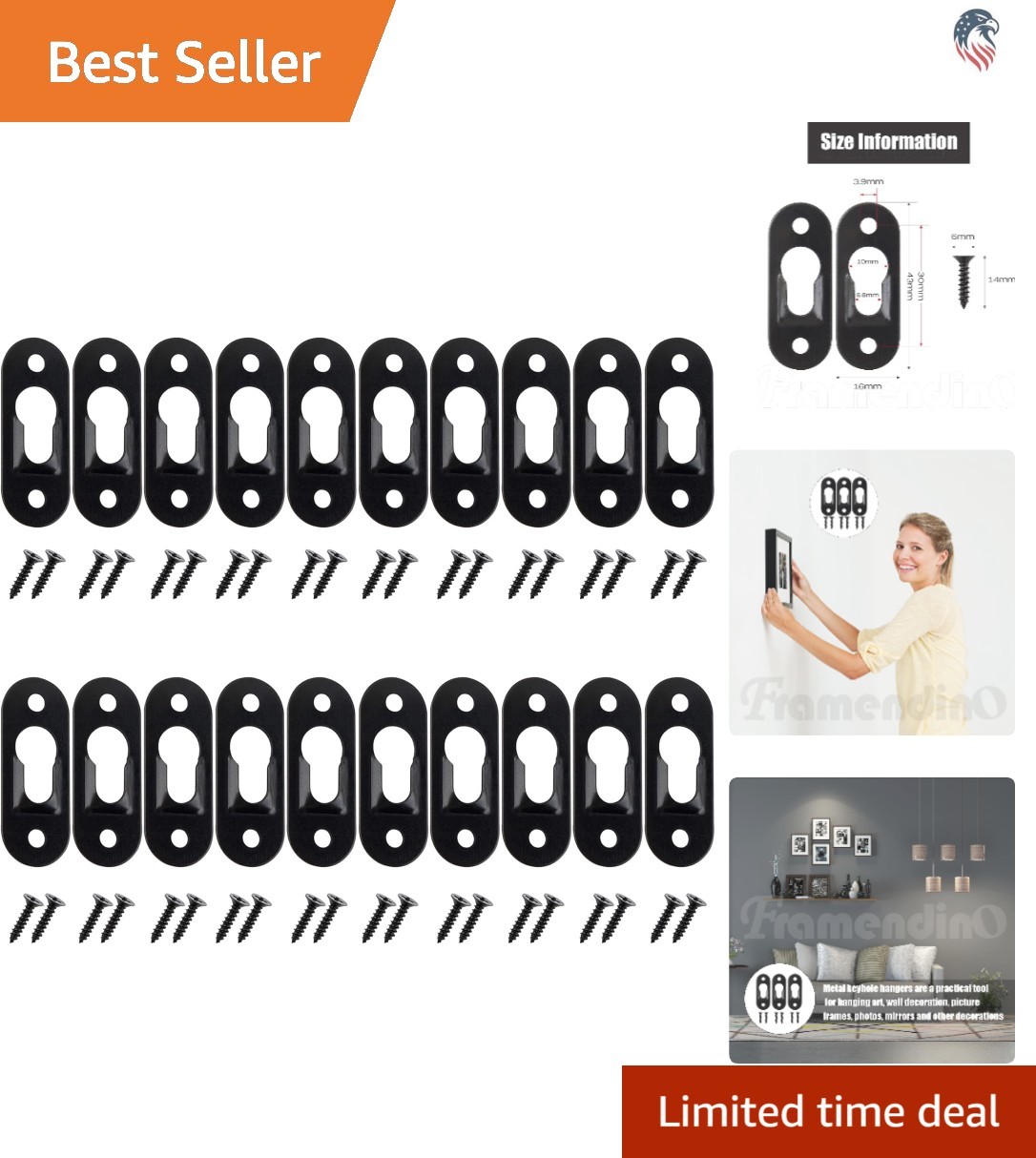 Black Metal Keyhole Hangers 20 Pack Wall Picture Frame Mirrors Screws
