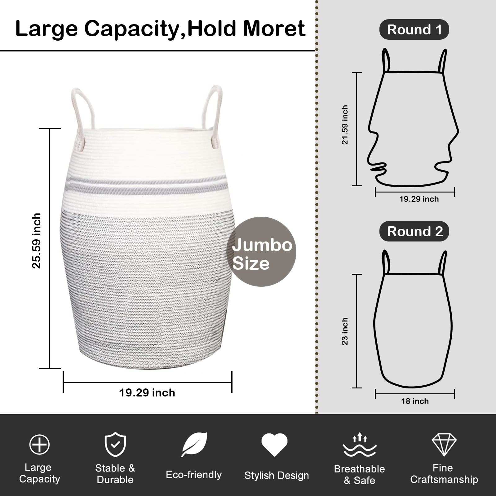 Laundry Hamper Woven Cotton Rope Large Clothes Hamper 25.6″ Height Tall Laund…
