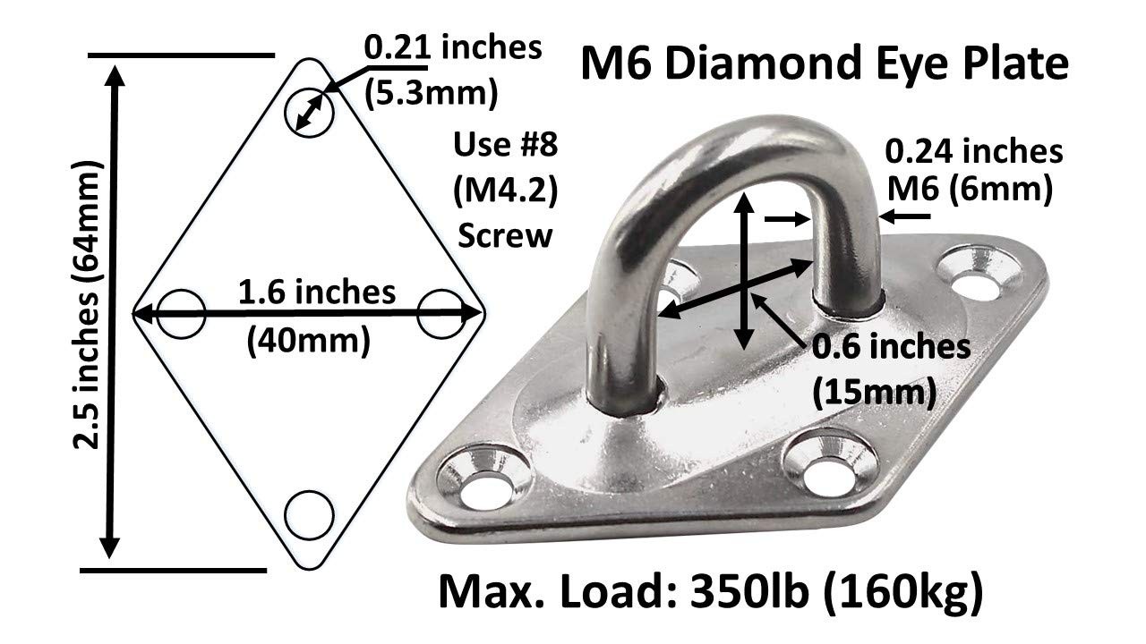 Branded Boards Heavy Duty M6 Ceiling Hook Diamond Pad Eye Plate, 304 Stainles…
