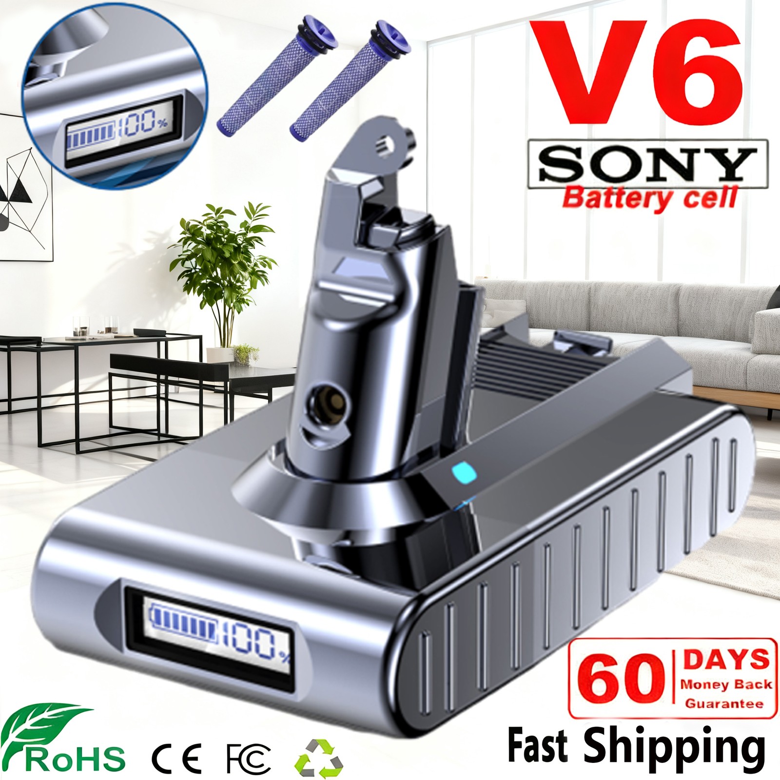 For Dyson V6 Battery DC58 DC59 SV09 V6 Mattress,V6 Trigger Battery W LED Display