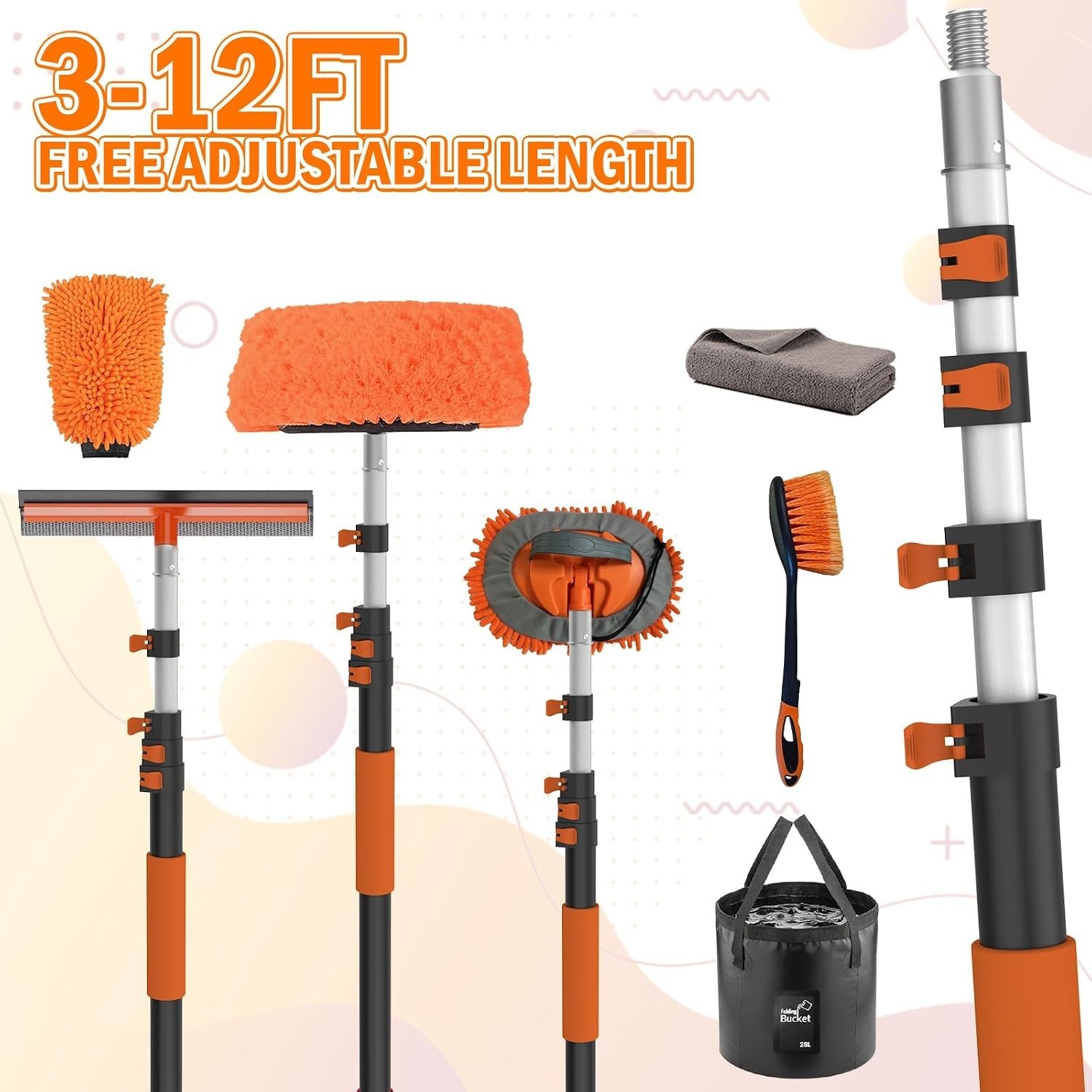 12FT Car Wash Brush with Long Handle, Car Cleaning Kit with Soft Bristle Wash…