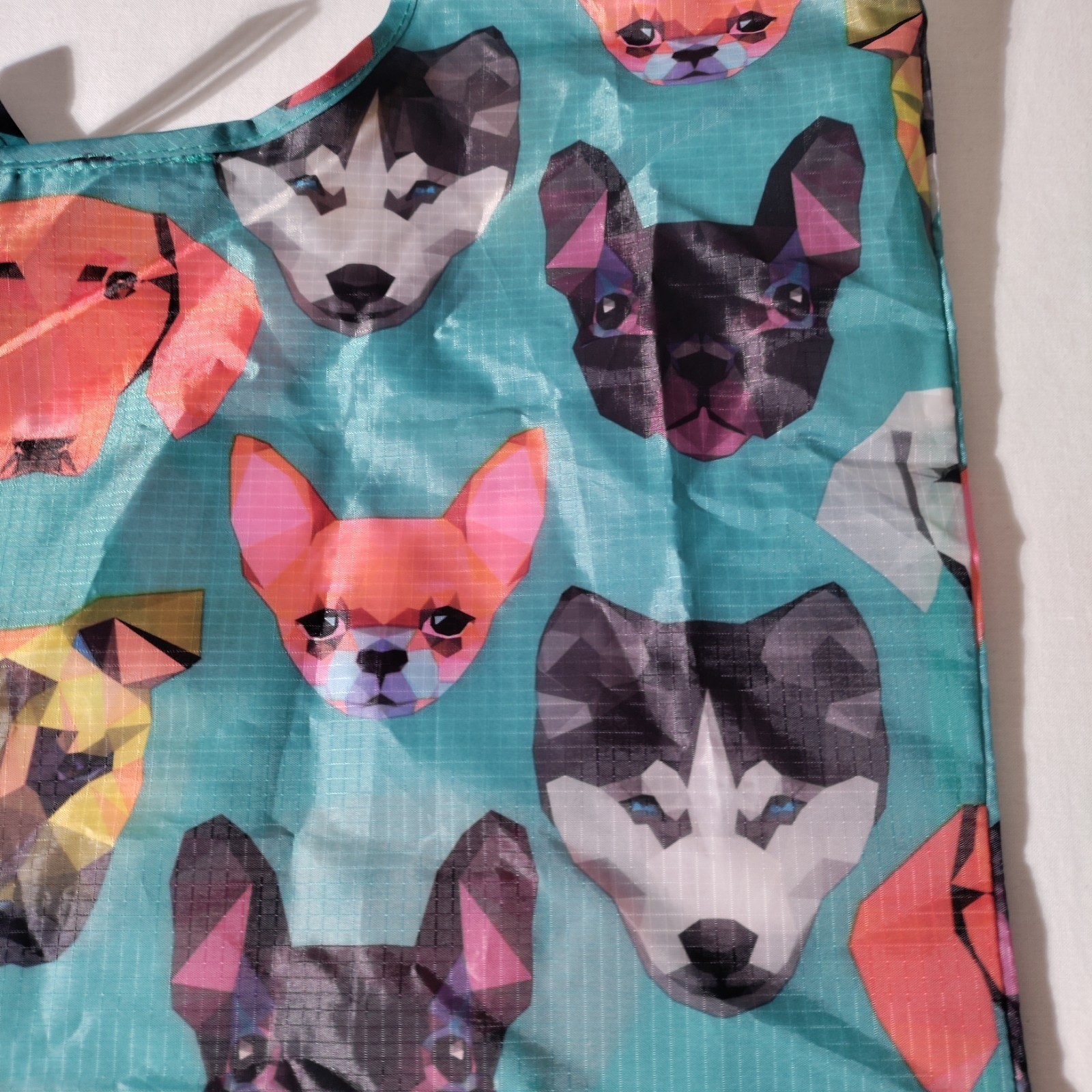 BeeGreen Reusable Nylon Shopping Teal/ Blue Tote Bag with Dog Faces All Over