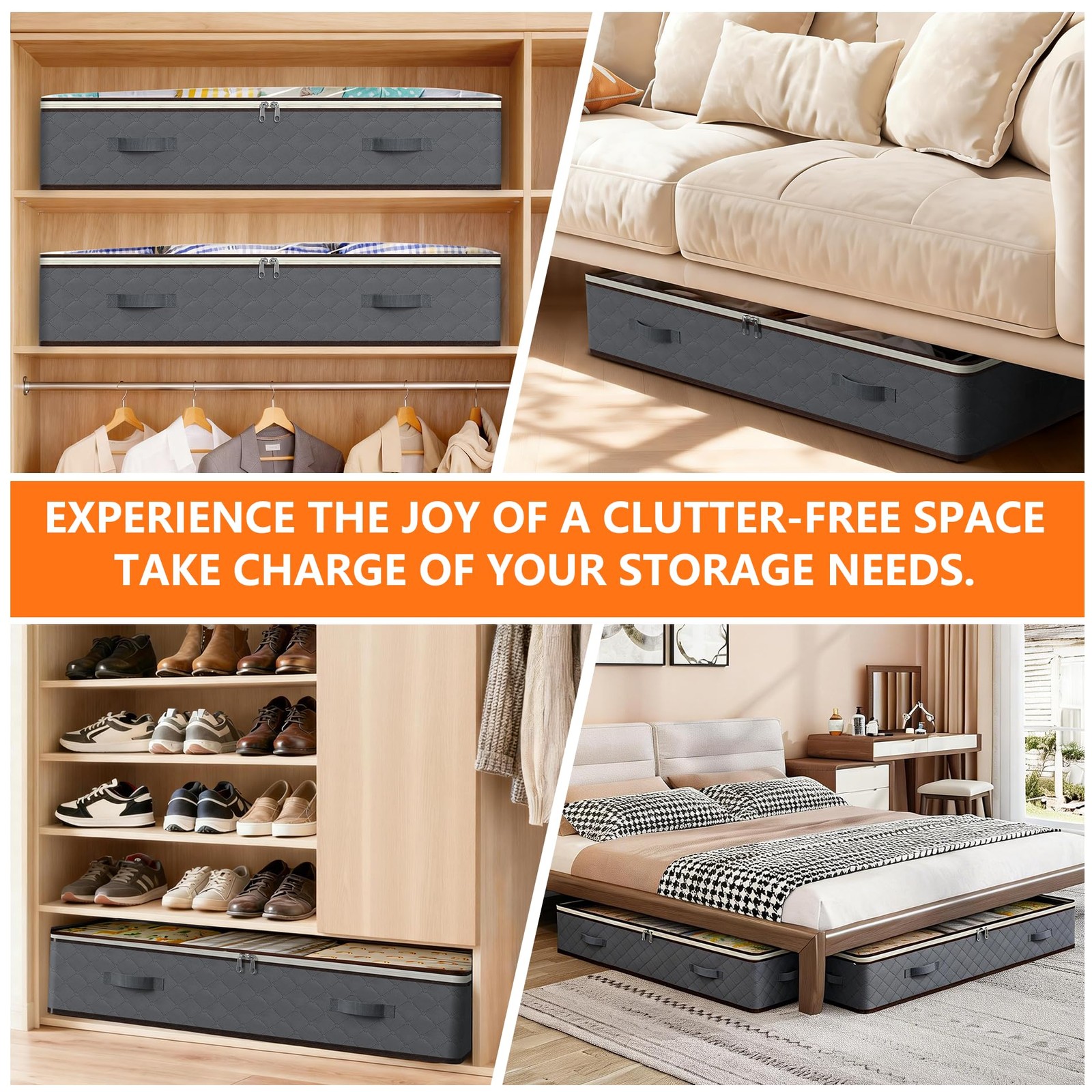 90L Under Bed Storage Containers,4-Pack Closet Organizers and 4 Pack, Grey