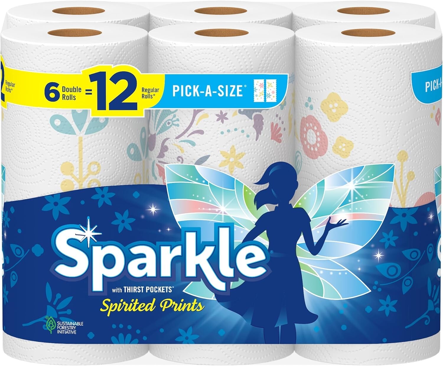 Sparkle Pick-A-Size Paper Towels Spirited Prints 6 Double Rolls = 12 Regular