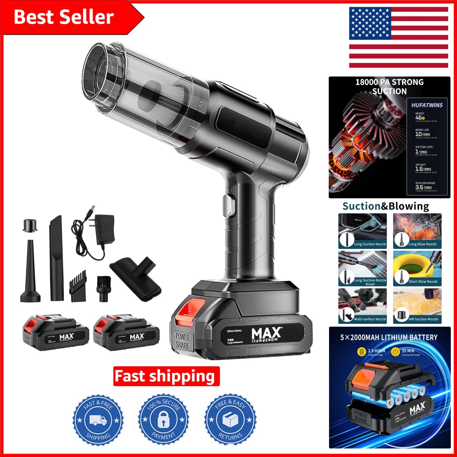 Multi-Surface 4-in-1 Handheld Vacuum – Powerful 18000PA Suction for Car & Home