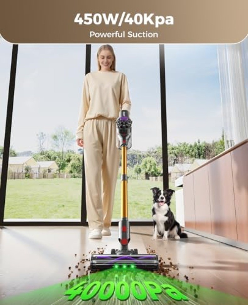 Cordless Vacuum Cleaner, 450W 40KPA Vacuum Cleaners for Home, 45Mins Lightweight