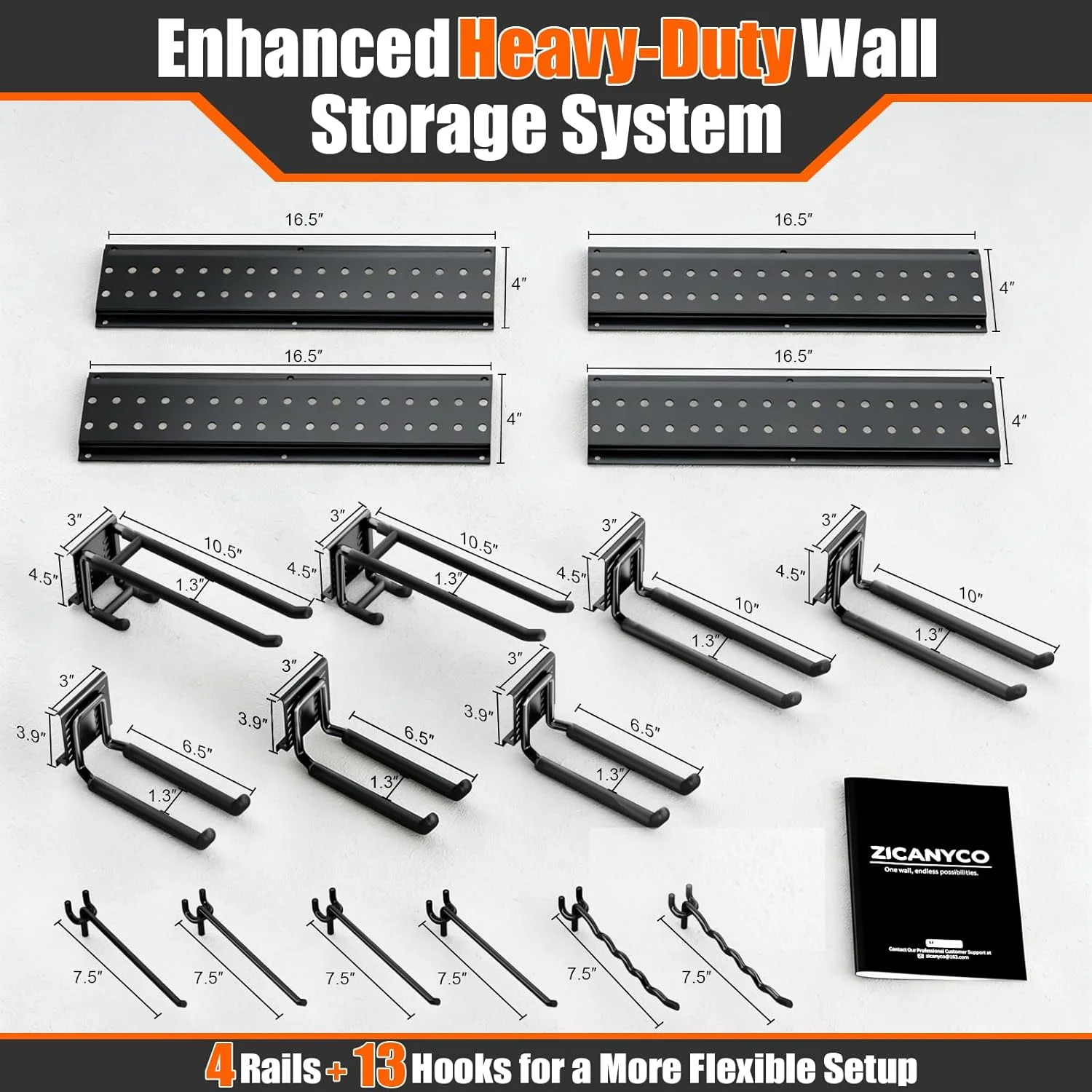 Garage Tool Organizer Wall Mount 66 inches with 13 Adjustable Heavy-Duty Hooks,
