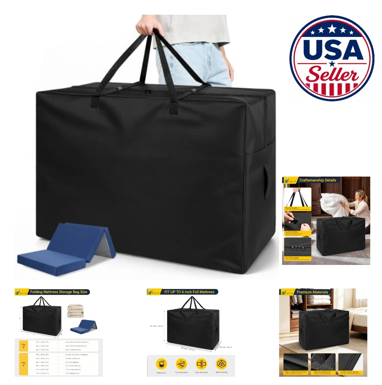 Folding Mattress Storage Bag Waterproof Oxford Cloth 58x26x18 Inch for 6 Inch