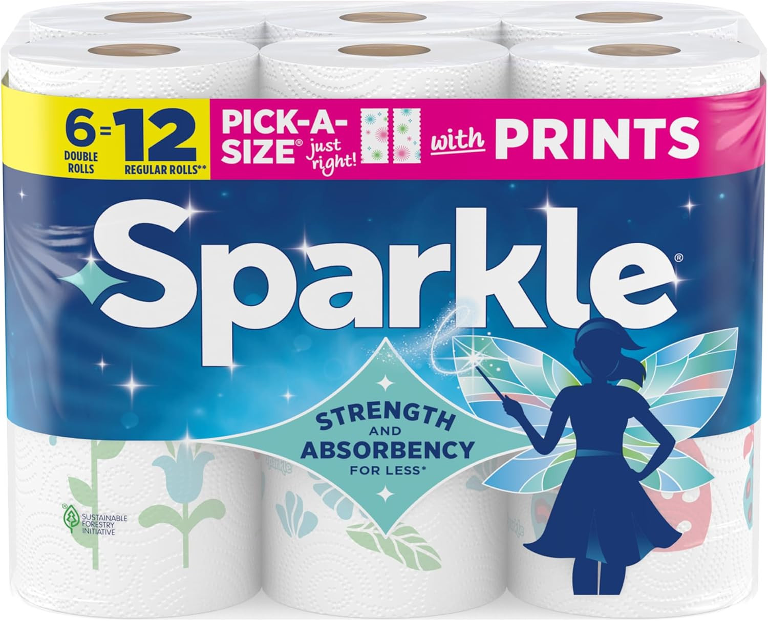 Sparkle Pick-A-Size Paper Towels Spirited Prints 6 Double Rolls = 12 Regular