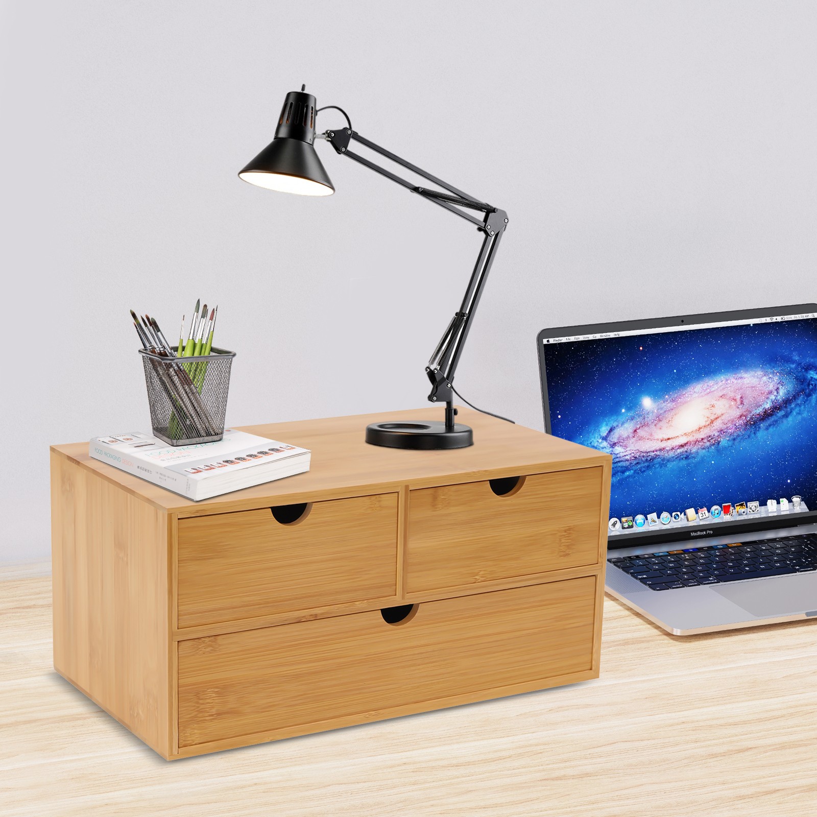 Tabletop Storage Box No Assembly Required Bamboo Desk Organizer with 3 Drawers