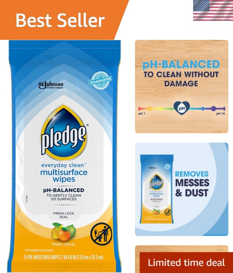 Eco-Friendly Pledge Multisurface Wipes – pH Balanced & Fresh Citrus – 25 Pack