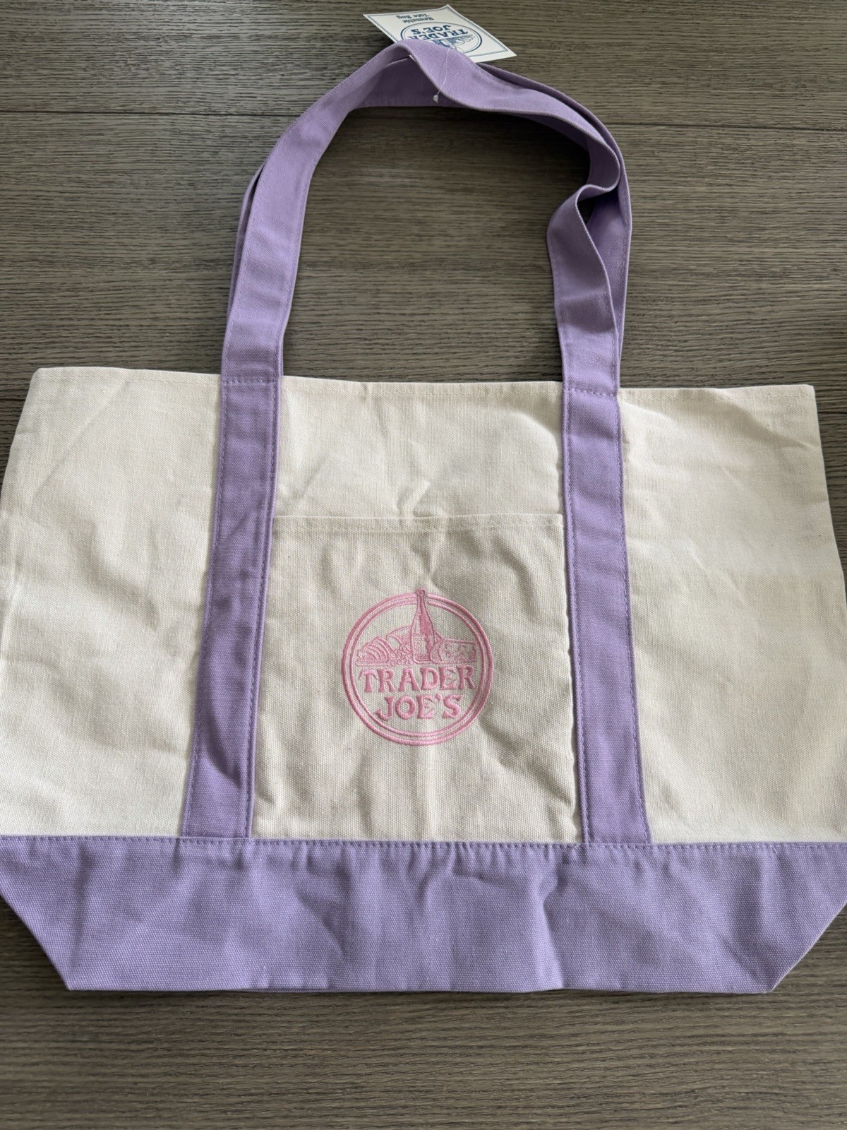 Trader Joe’s Foldable Reusable Shopping Bag Beige Purple Cotton Polyester
