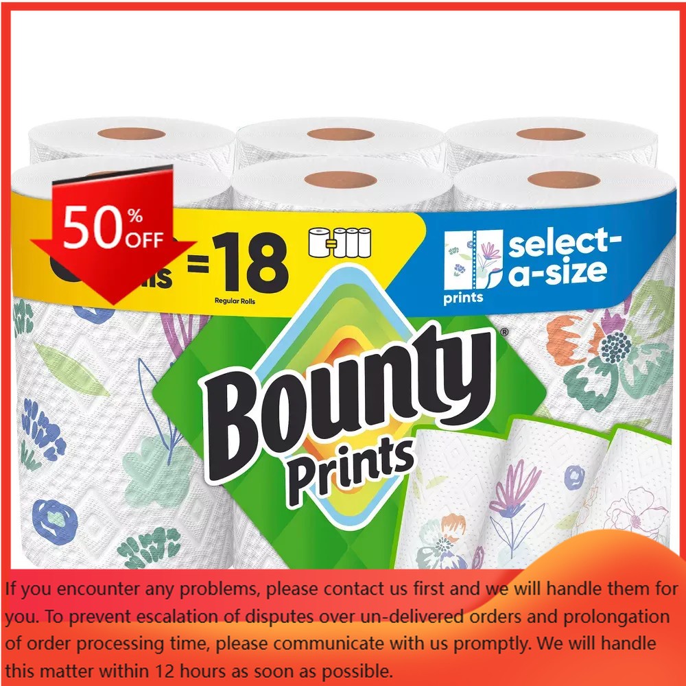 Bounty Printed Select-A-Size Paper Towels – 6 Triple Rolls – 2Ply – 123 Sheets