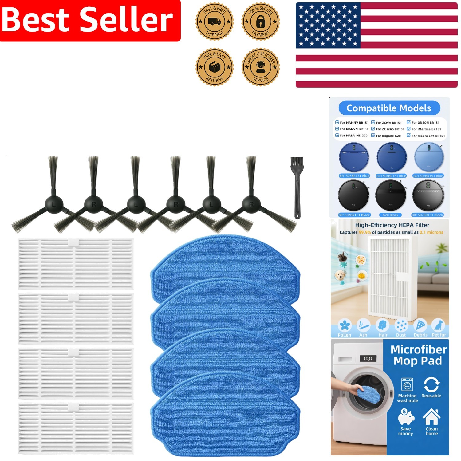 BR151 Robot Vacuum Accessories Kit for ZCWA MAMNV ONSON iMartine G20