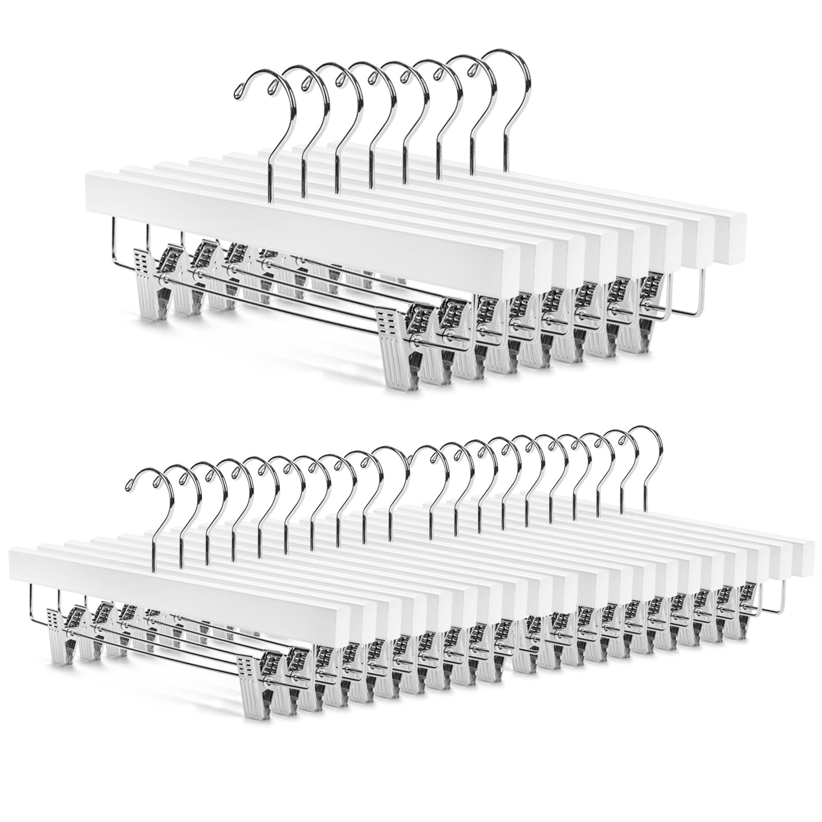 28 Pack Deluxe Wooden Pants Hangers Solid Lotus Wood With Clips White