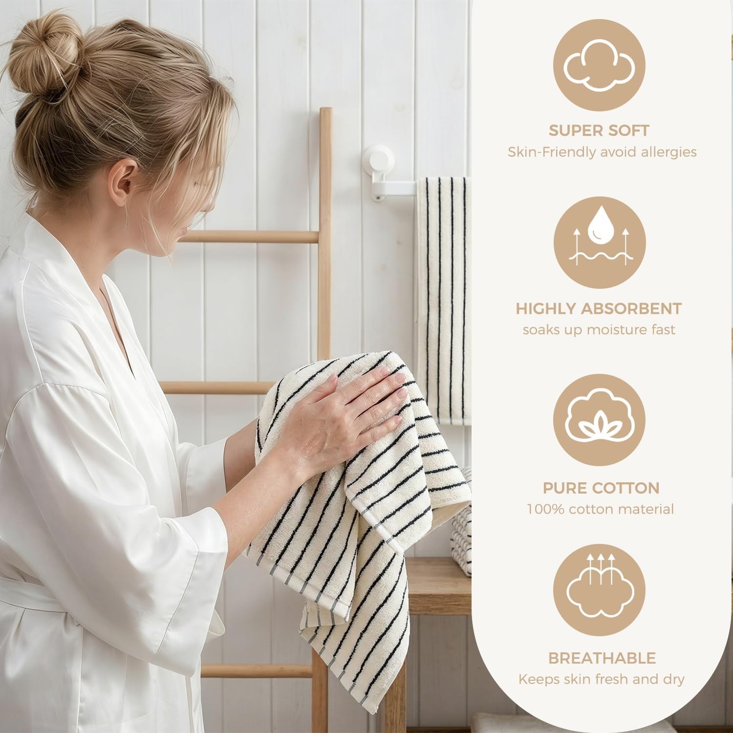 6 Piece Black and White Striped Hand Towels,100% Cotton Bathroom Towels Ultra