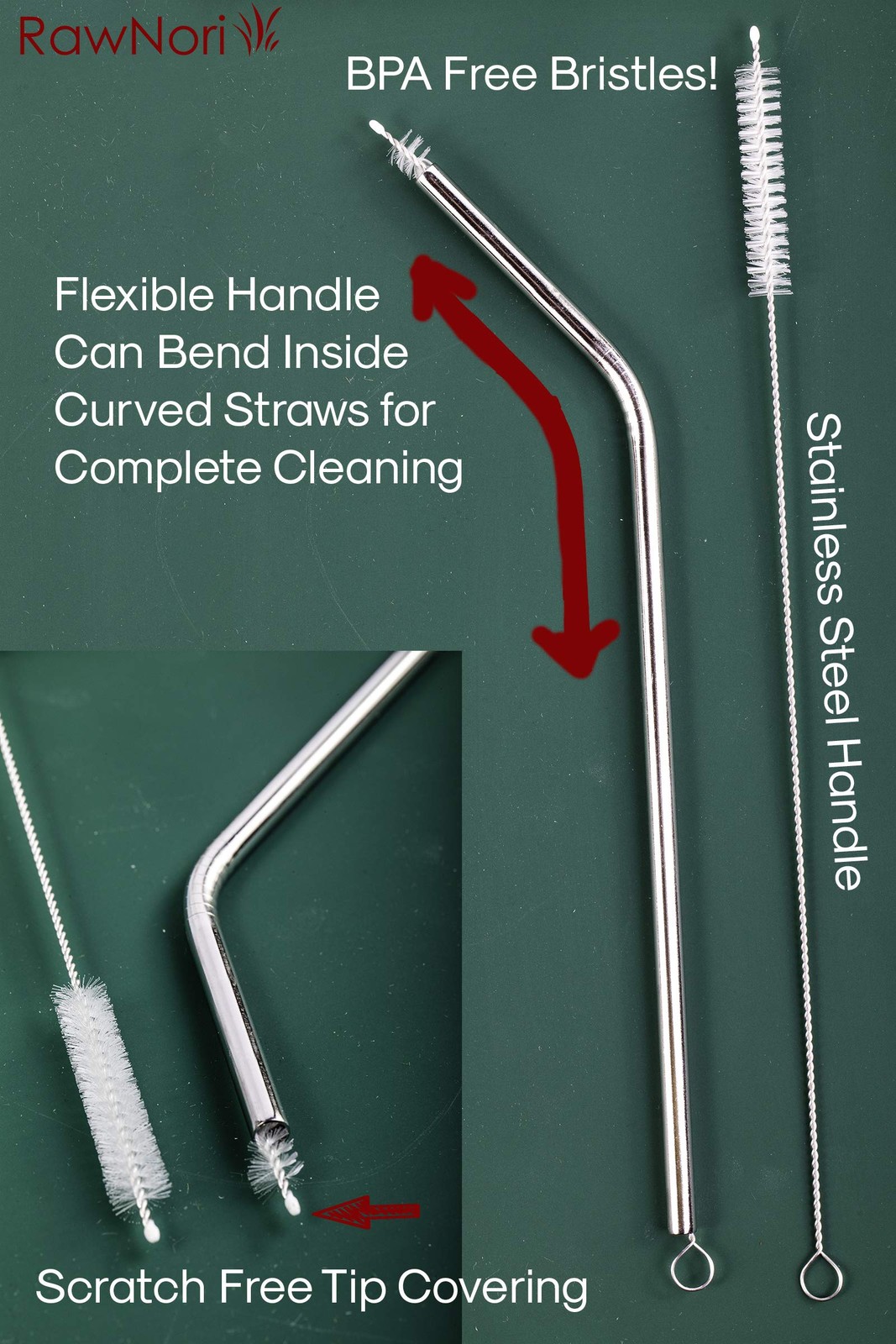 2 Drinking Straw Cleaning Brush Long – Bristle 2 Count, Stainless Steel