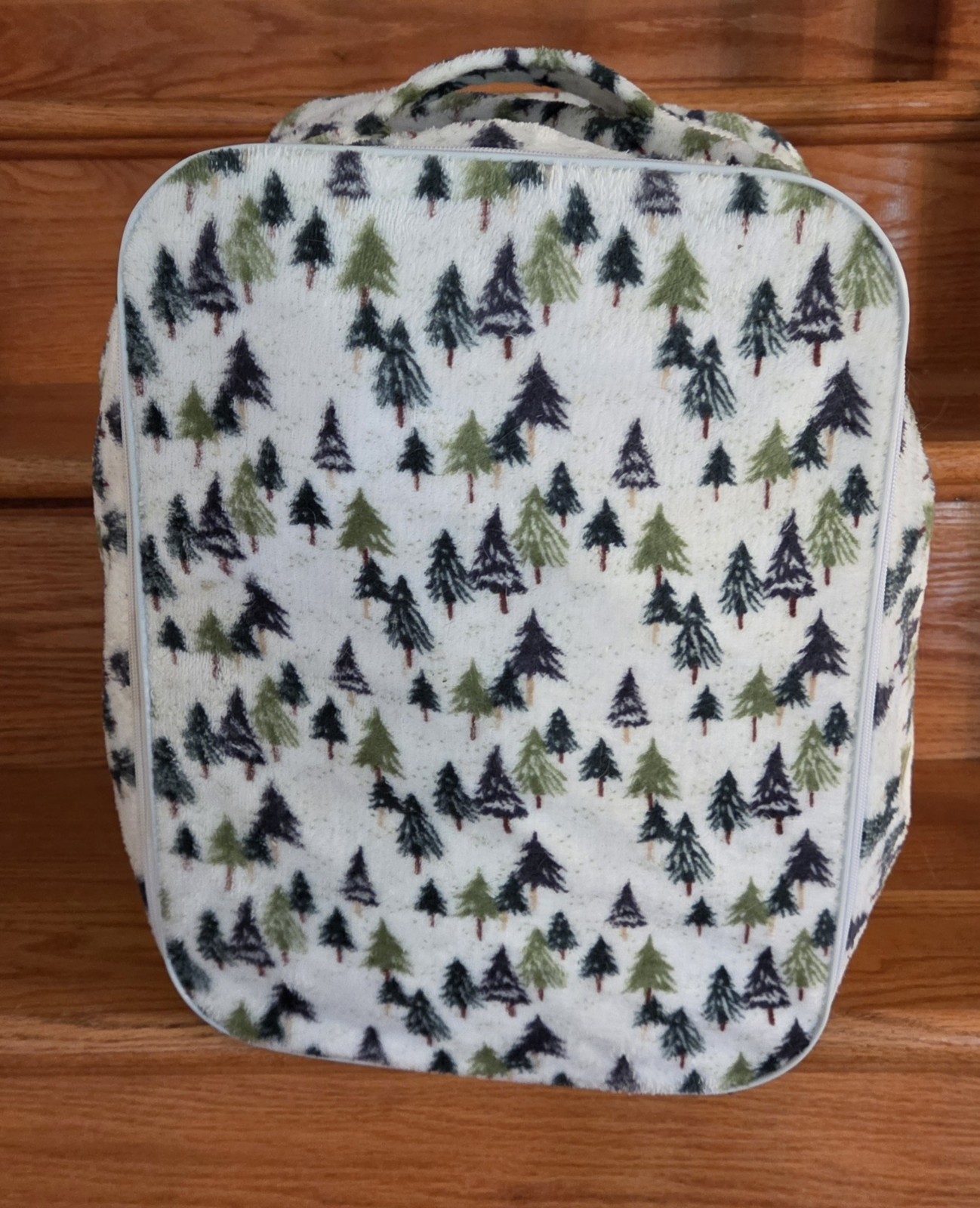 Soft Side Zippered Storage Bag Fleece Pine Tree Design Handle 15x11x10″
