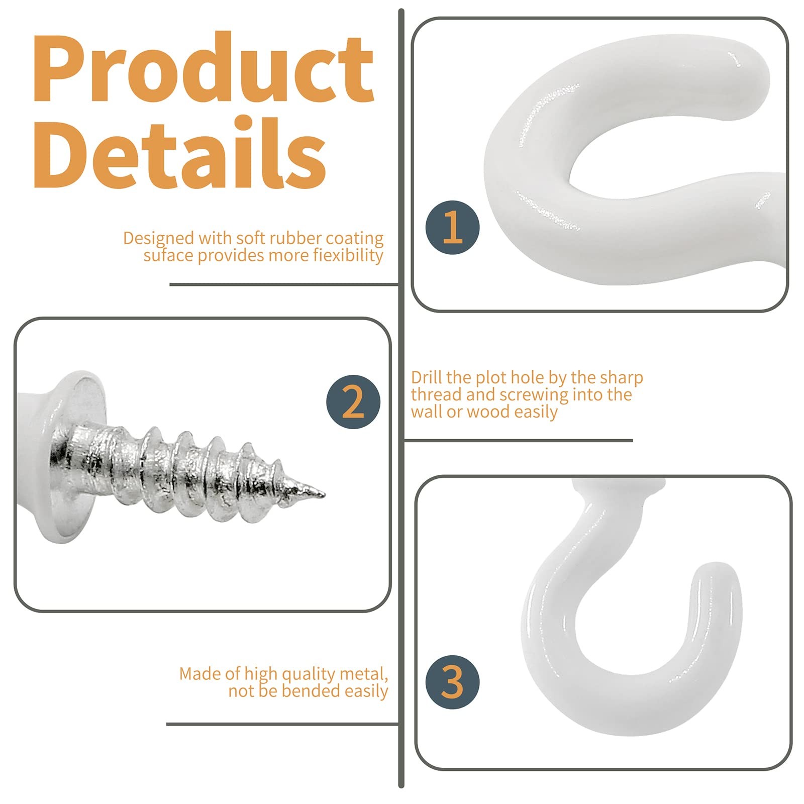 100 PCS 1/2 Inch White Vinyl Coated Metal ScrewIn Ceiling Cup Hooks Hanging