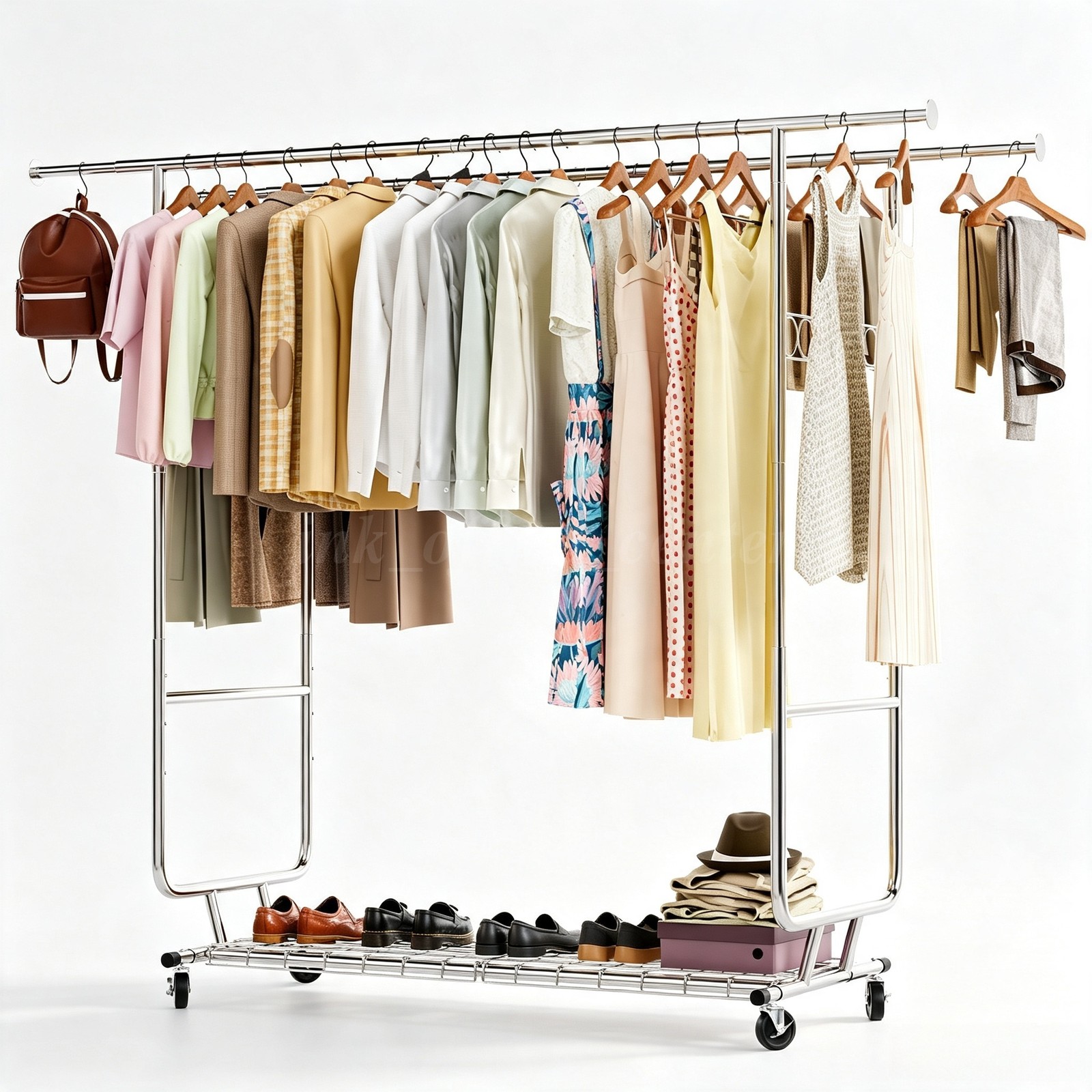 Heavy Clothing Garment Rack Metal Pipe Rolling Clothes Organizer Double Rails