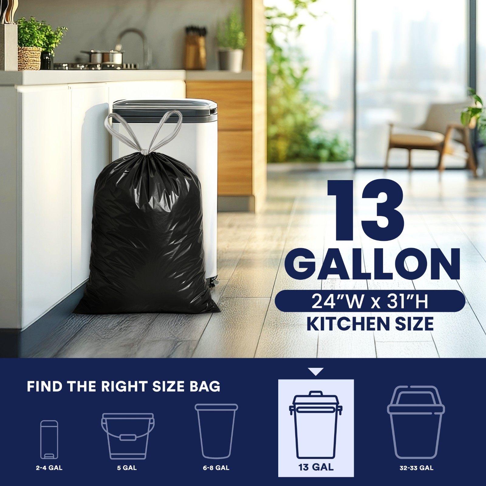 Plasticplace 13 Gallon Drawstring Trash Bags – Black, Case of 200 Garbage Bags