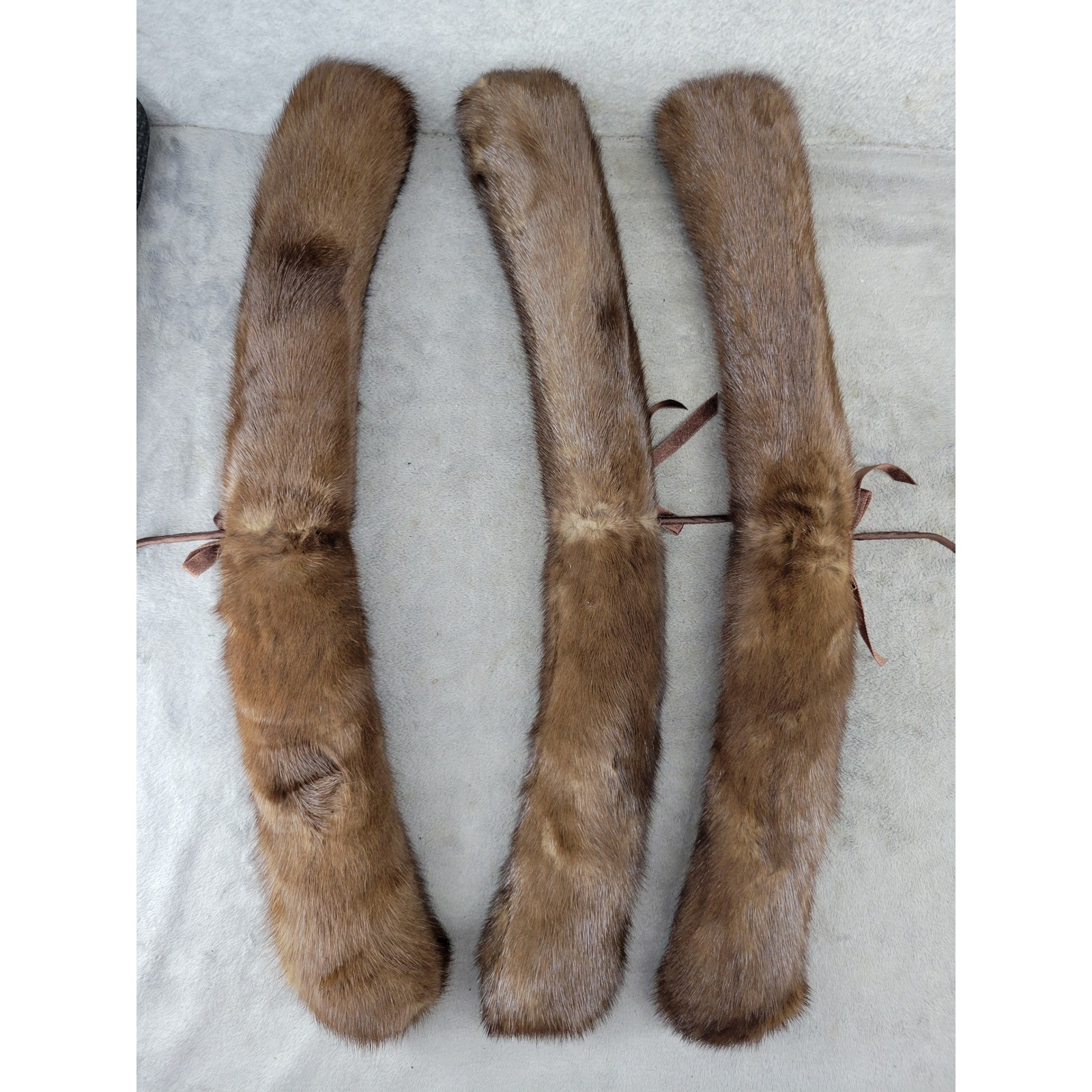 Vintage Genuine Mink Fur Padded Hanger Covers Brown Set of 3 Ribbon Tie 20 Inch