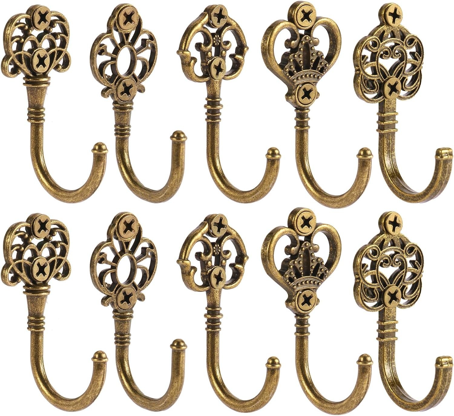 Bohemian Metal Wall Hooks, 10 Pack Vintage Bronze Decorative Coat Hangers