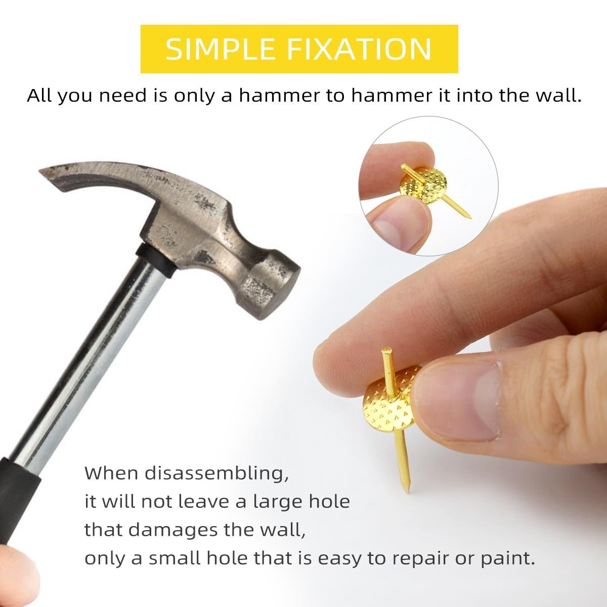 50pcs Picture Hanging Nails Hooks Frame Hangers Kit for Drywall Wood Gold