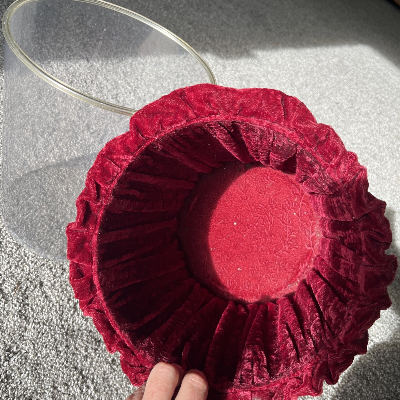 Vintage Burgundy Burnout Velvet Tassel Waste Basket Trash Can w/ Plastic Liner