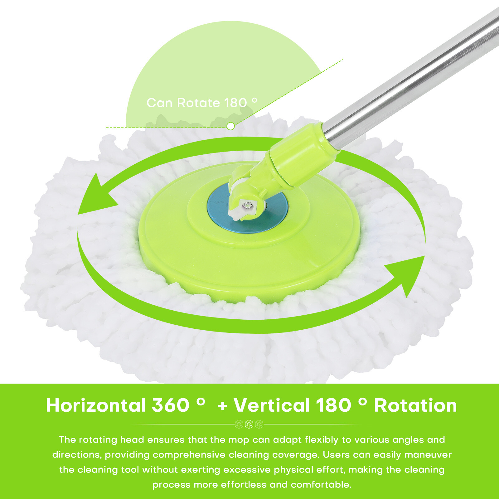 Spinning Mop Pole Handle Replacement for 360° Rotating Cleaning Tool+2 Mop Heads