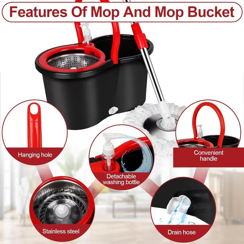 Spin Mop and Bucket with Wringer Set, 360° Spinning Mop System 4 Mop Refill