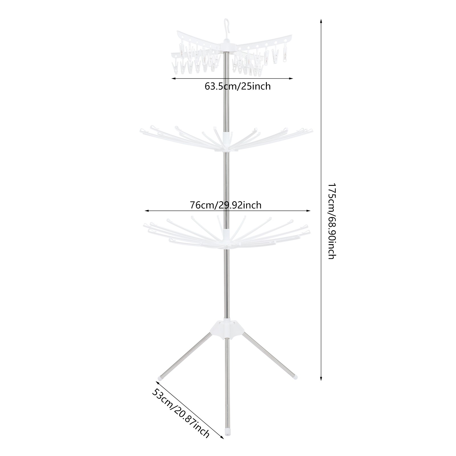 67″ 3-Tier Clothes Drying Rack With 24* Clips Floorstanding Laundry Drying Rack