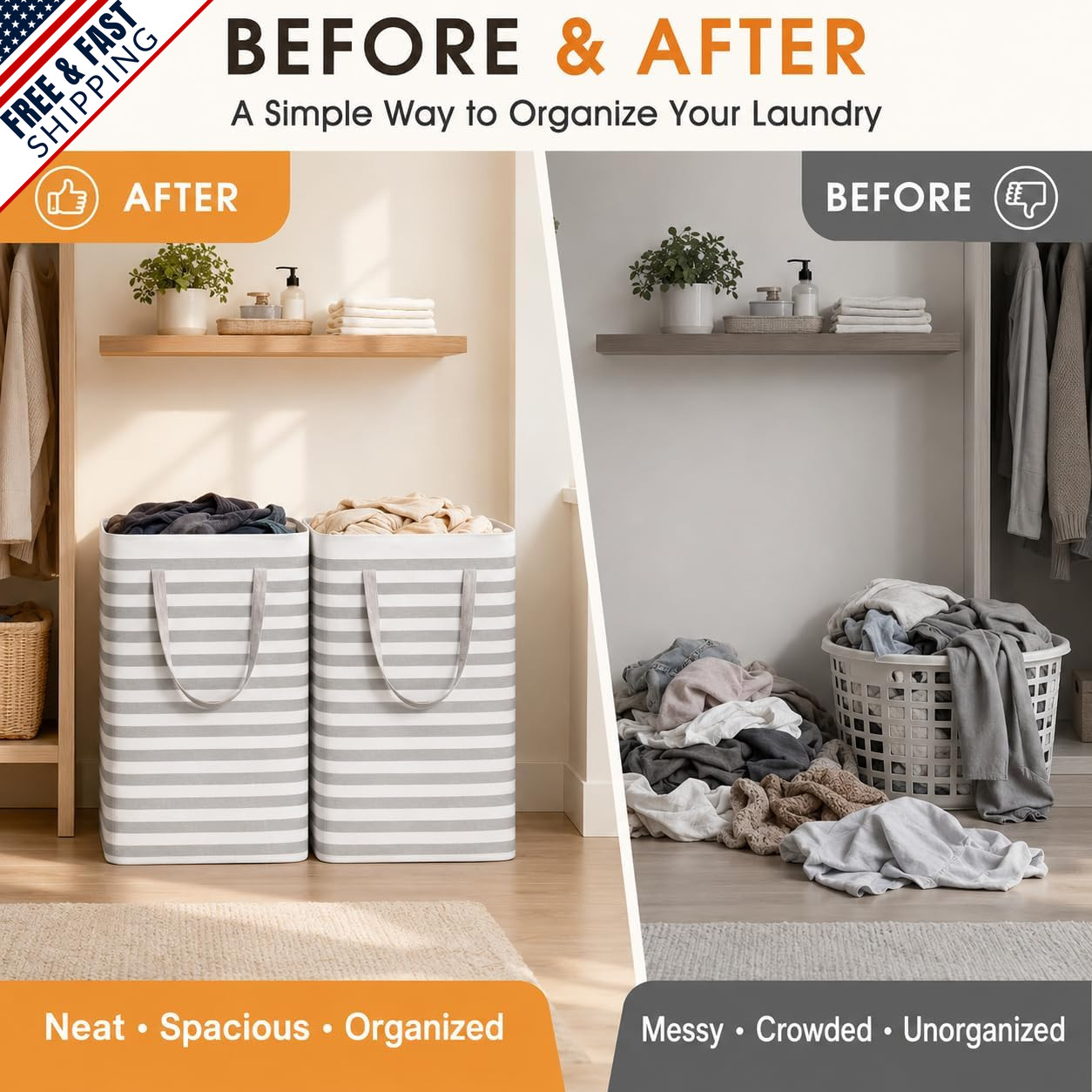 Large Waterproof Collapsible Laundry Baskets with Handles, 75L, Grey, 2 Pack