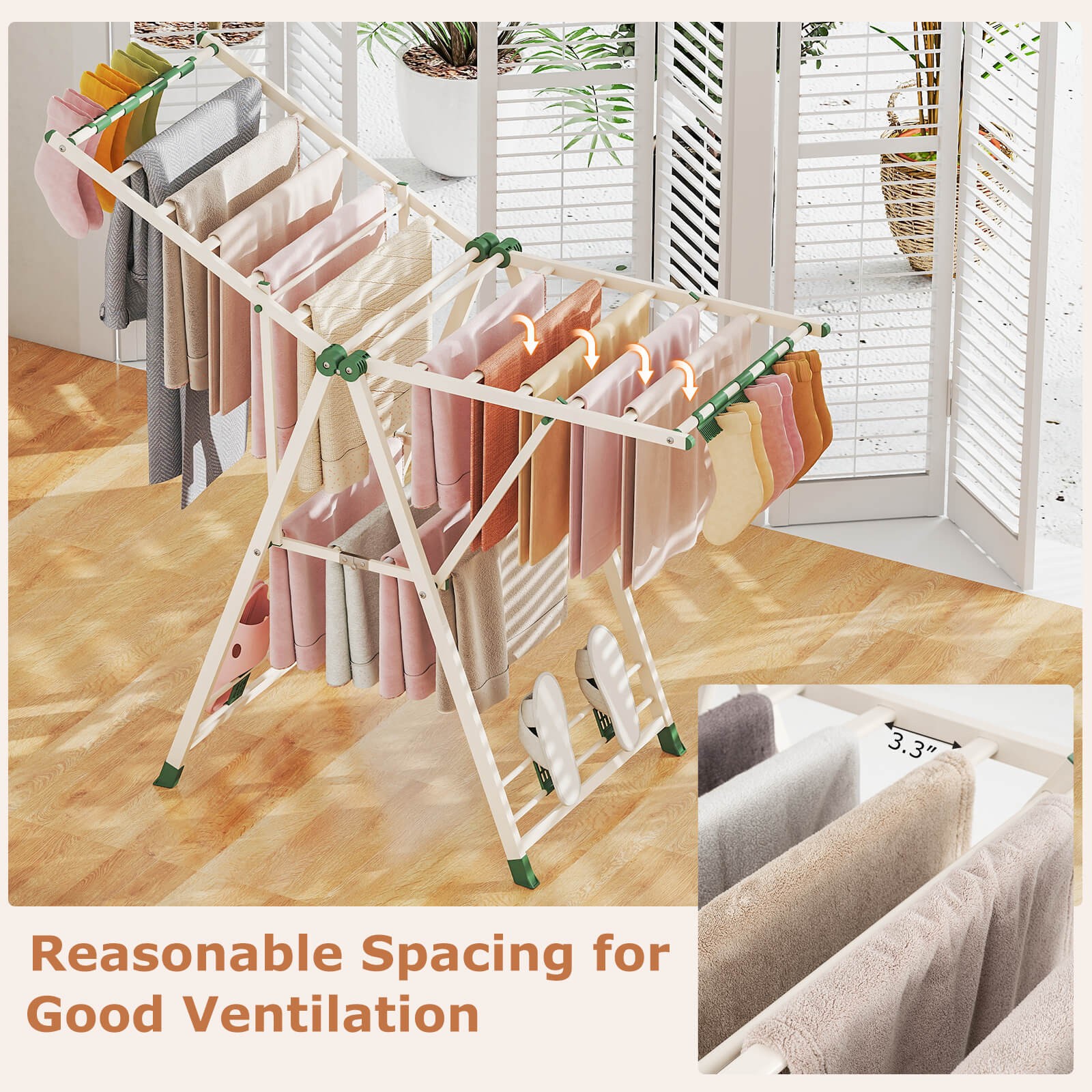 Foldable Metal Laundry Drying Rack w/Height Adjustable Wings, 16 Drying Rails