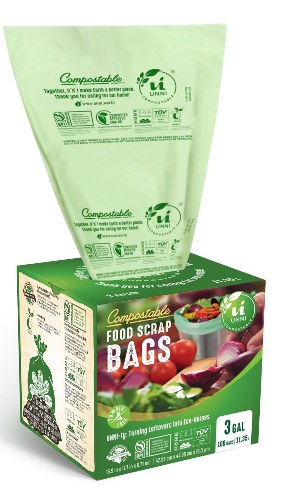 UNNI Compostable Liner Bags, 3 Gallon, 11.35 Liter, 100 Count, Extra Thick 0.71