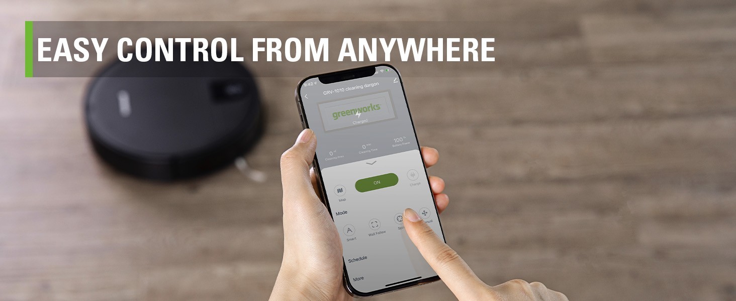 Greenworks Robot Vaccum GRV-1010, Max 2200 PA 3.23 inch Height Smart App Control