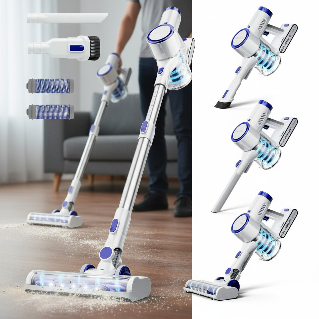 Cordless Vacuum Cleaner 65Kpa Suction Rechargeable 60min 1.5L Stick Lightweight