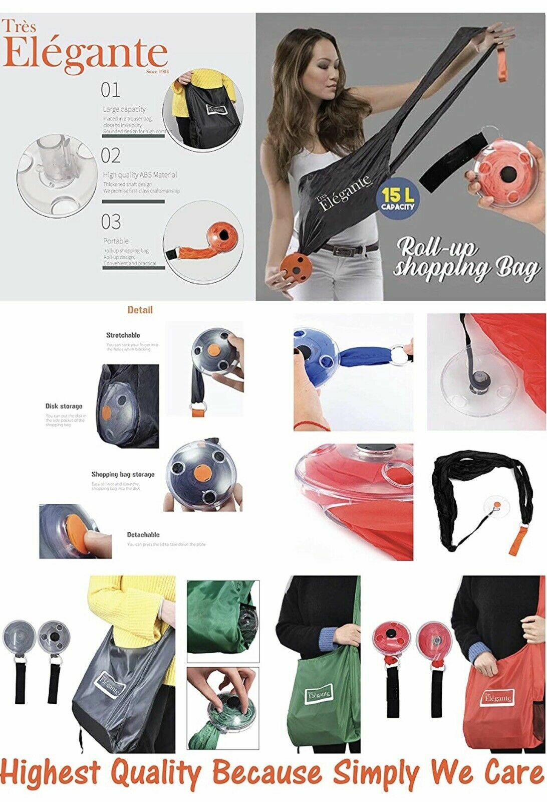 Reusable Roll Up Portable Anti Rip Grocery Waterproof Bags – 15 LB + Clip