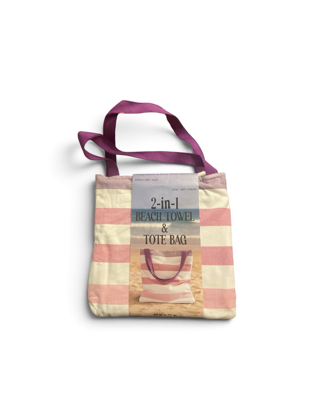2-in-1 Beach Towel Tote Bag, Pink/White Striped Cotton, Purple Handles