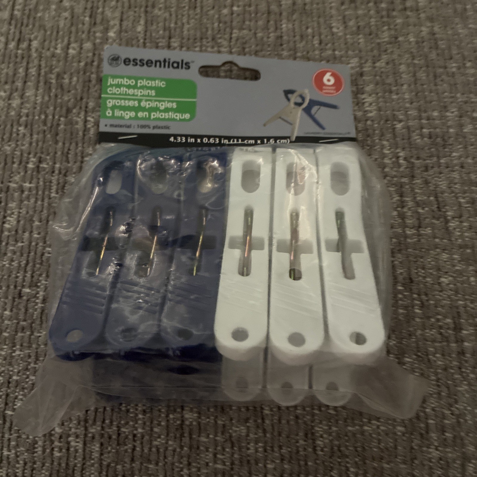 Essentials Jumbo Heavy Duty Plastic Clothespins Blue White 6 Count