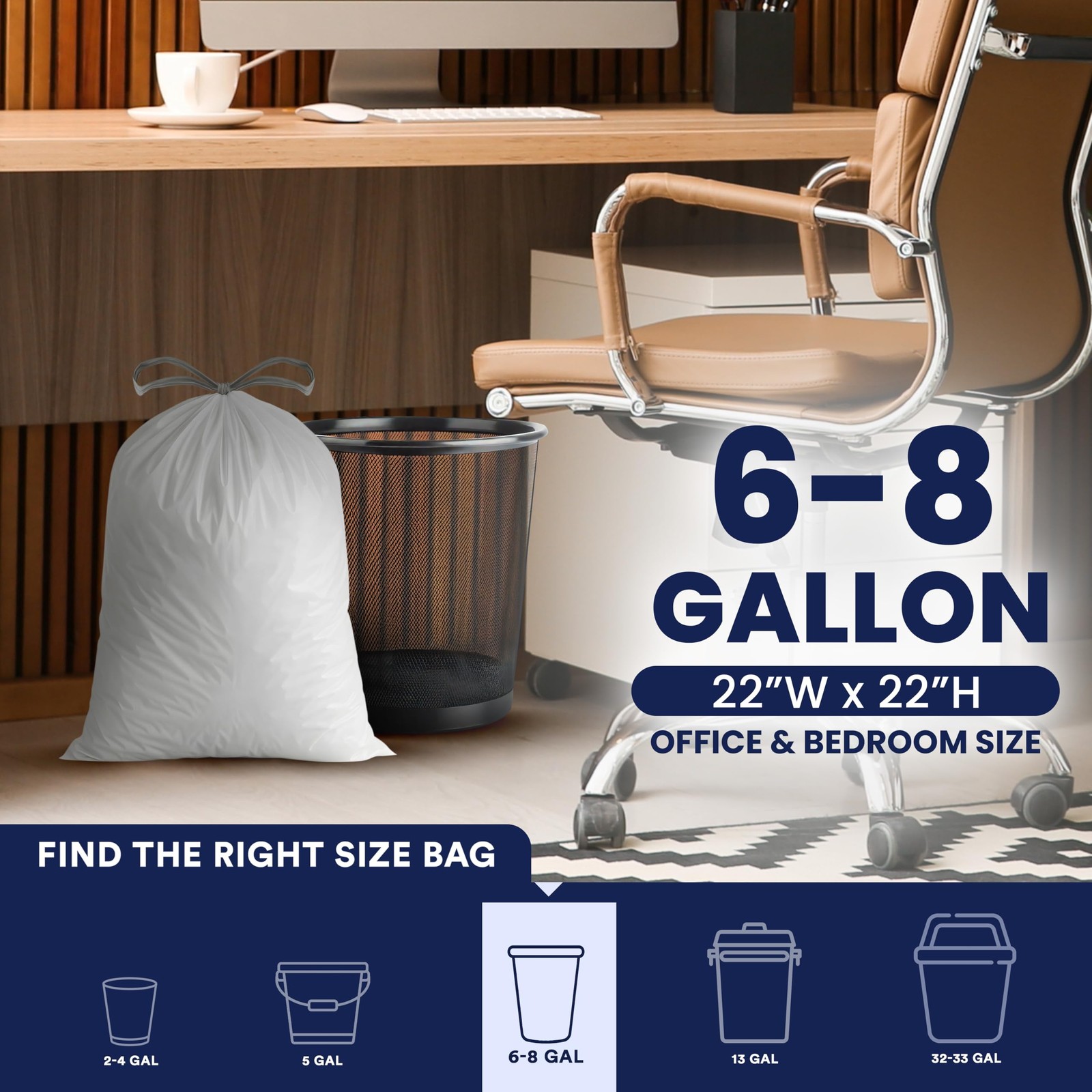 8 Gallon Trash Bags White Drawstring Garbage Liners 0.7 Mil 100 Count