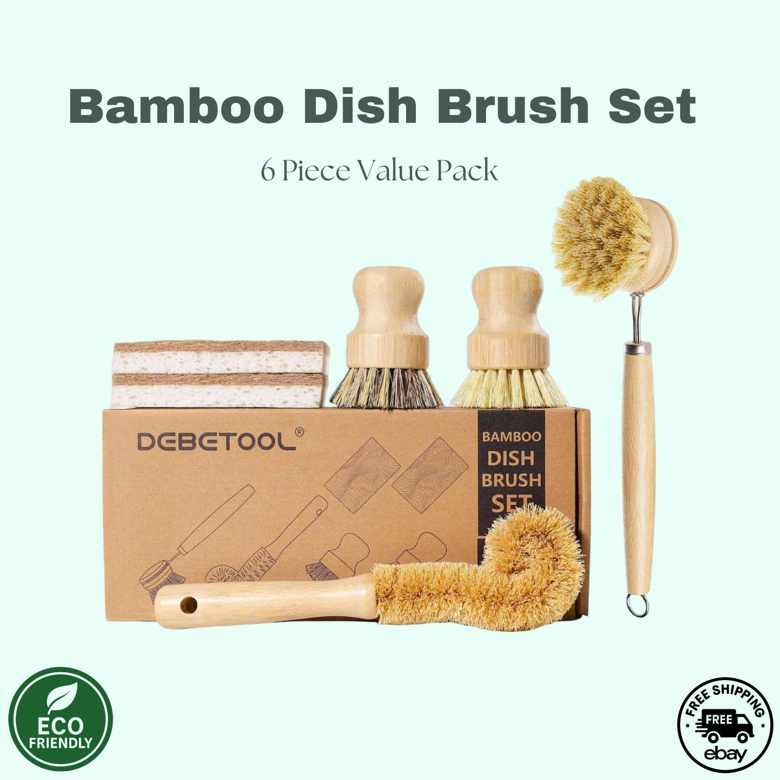 6pc Bamboo Dish Brush Set | Coconut Sponge | Natural Kitchen Cleaning Tools