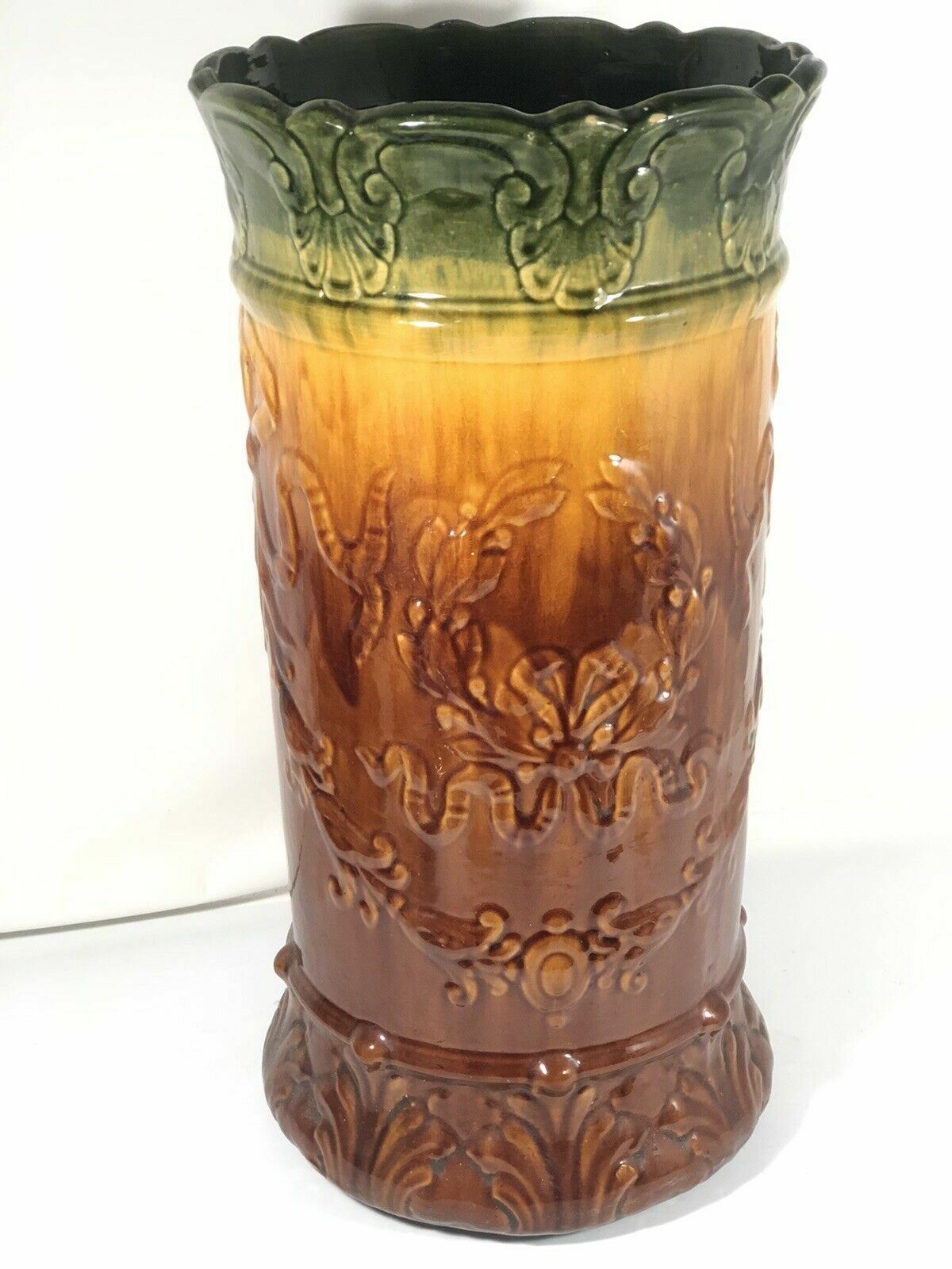 Antique Art Nouveau Pottery Blended Majolica Water Umbrella Stand Display 19.25″