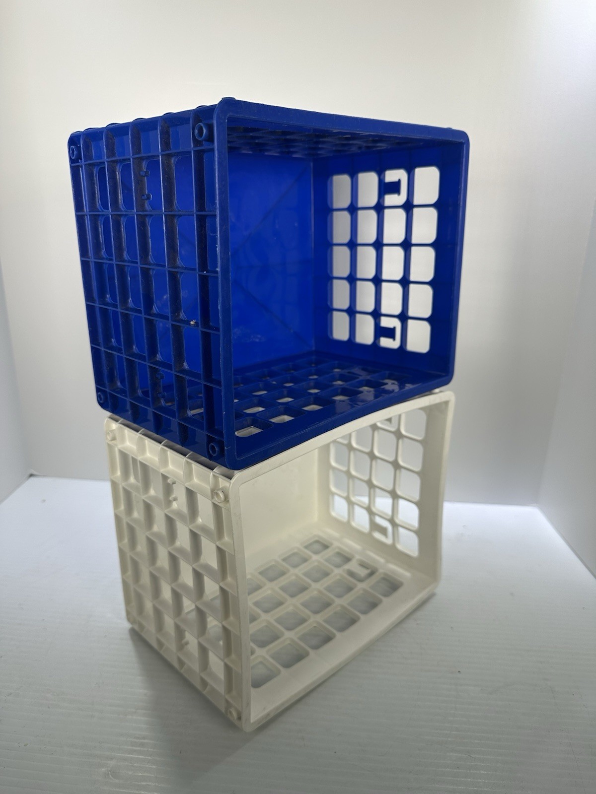 Yaffa Blocks Storage Crate Bin Stackable Set Of 2 Small Mini White Blue Desk 9”