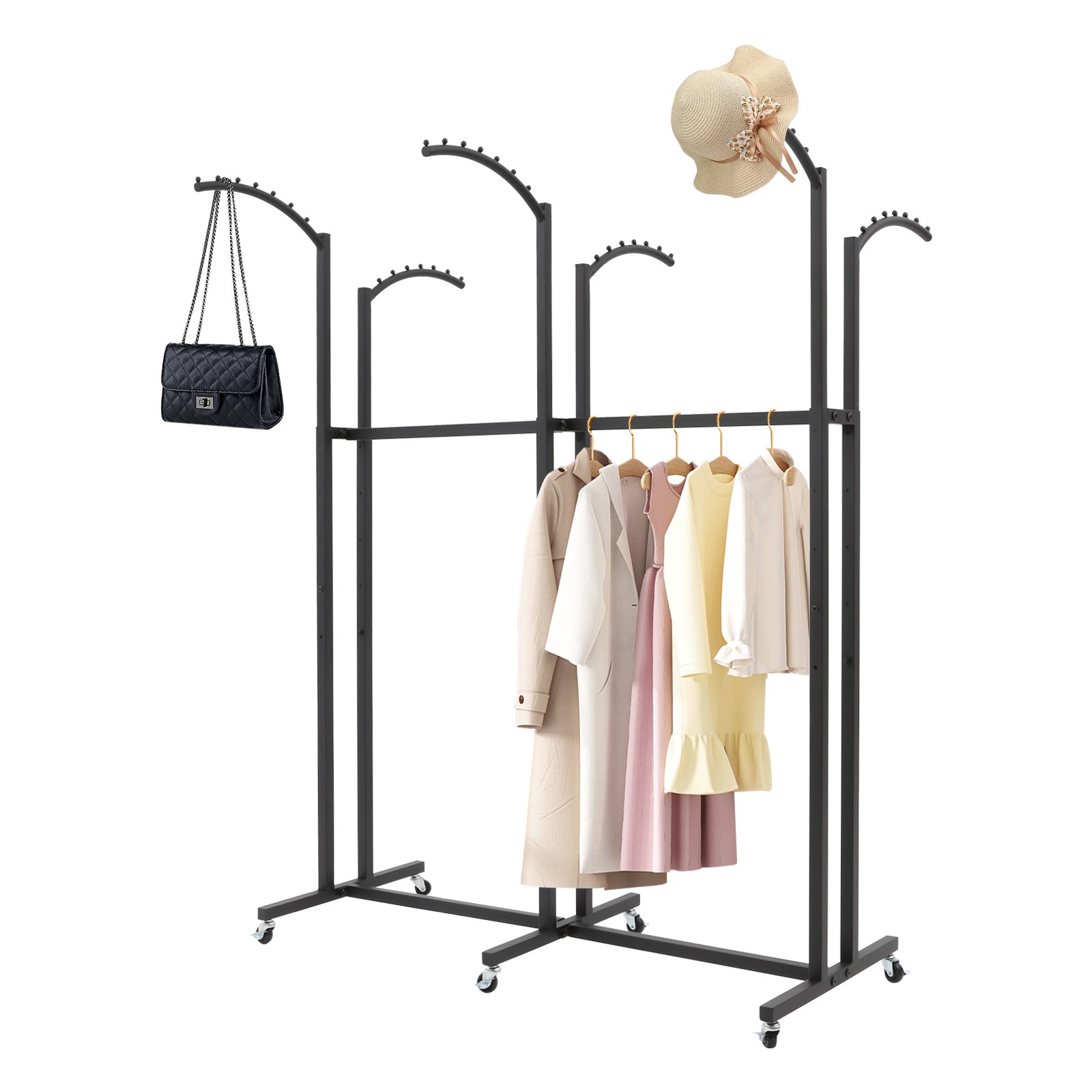 Black 6 Arms Clothing Display Rack With Wheels, 55.12-70.87in Adjustable Height