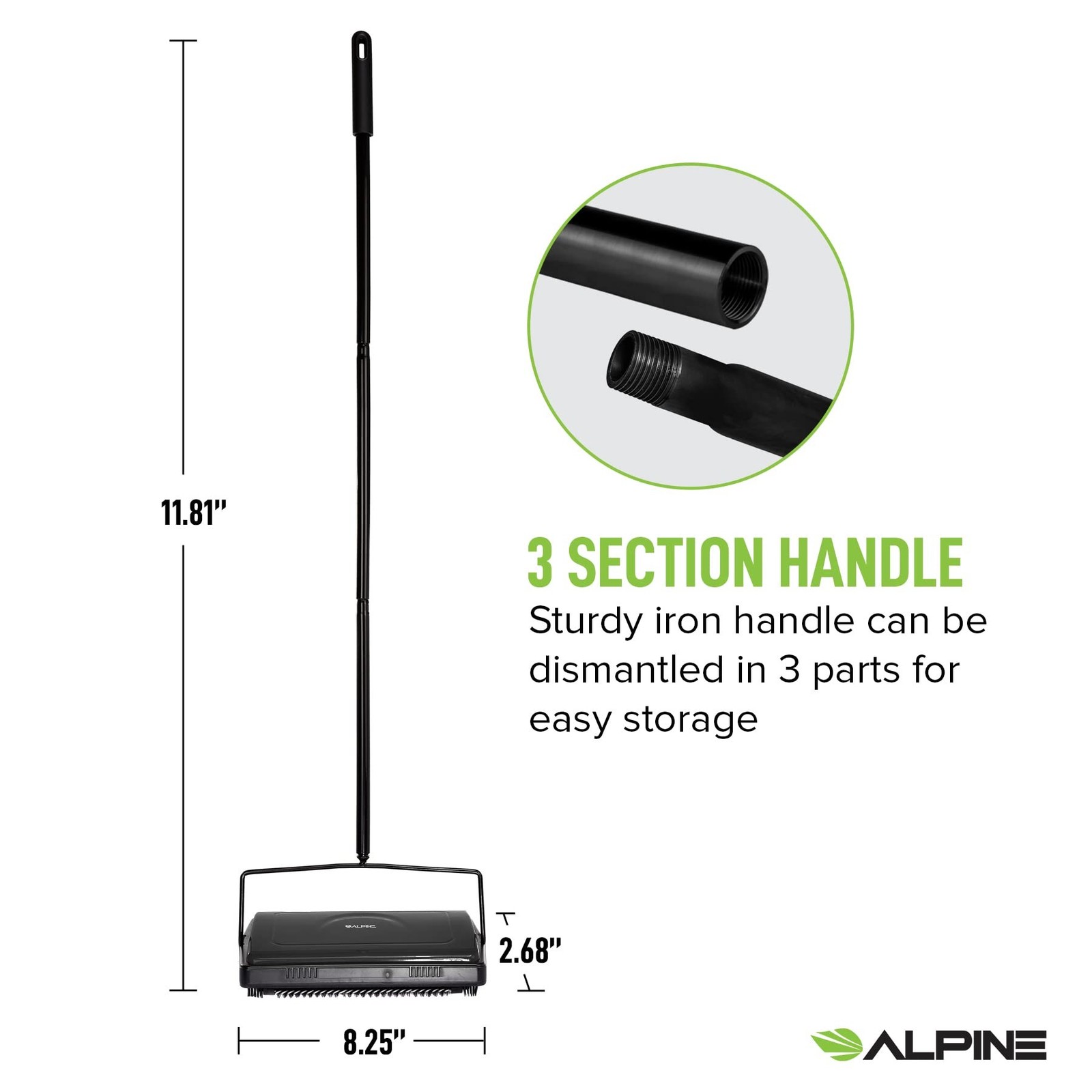 Alpine Manual Carpet Sweeper Triple Brush – Cordless Non Electric Multi-Su