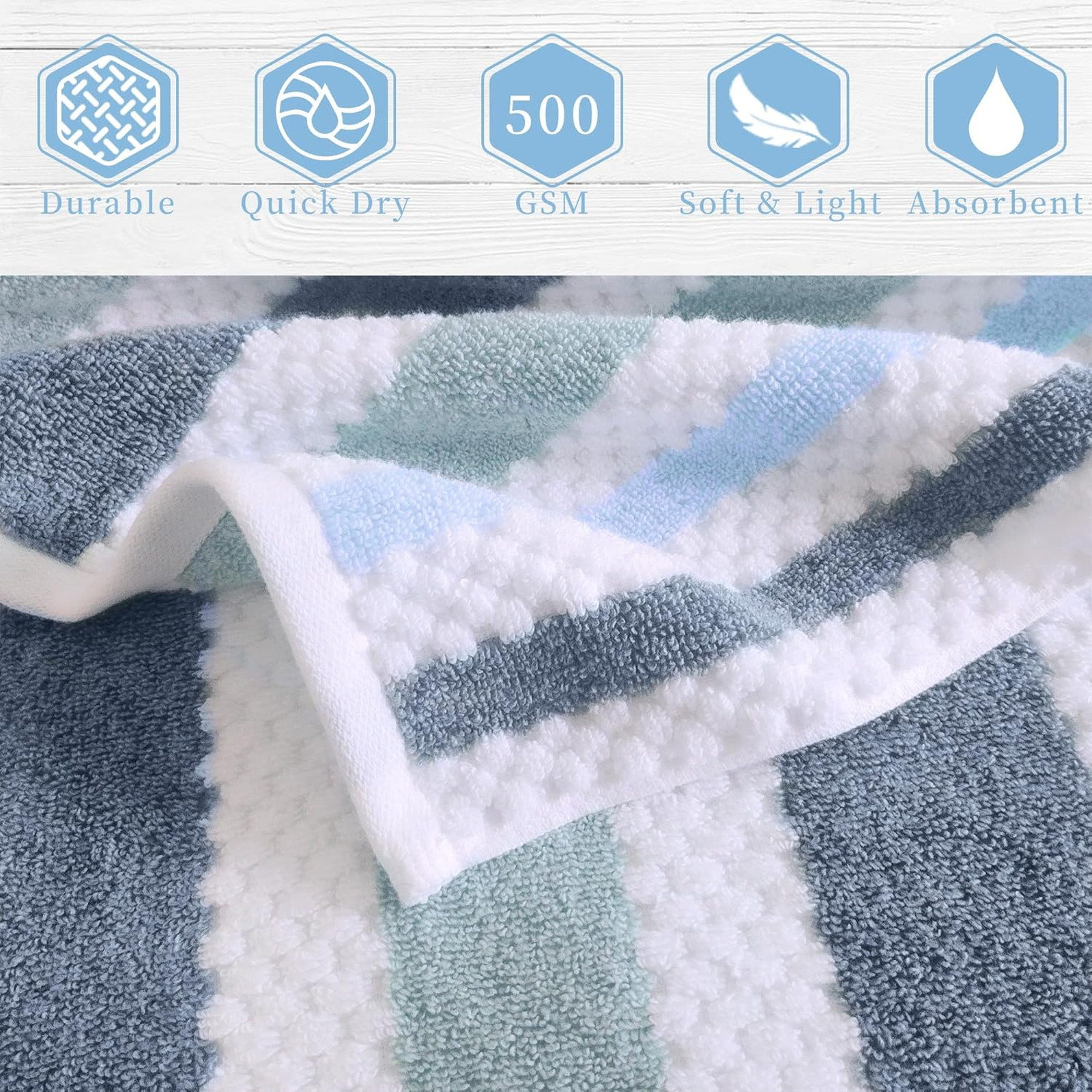 Cotton Polyester Waffle Hand Towels 4PC 16×27 Inches Blue Gray Stripe White